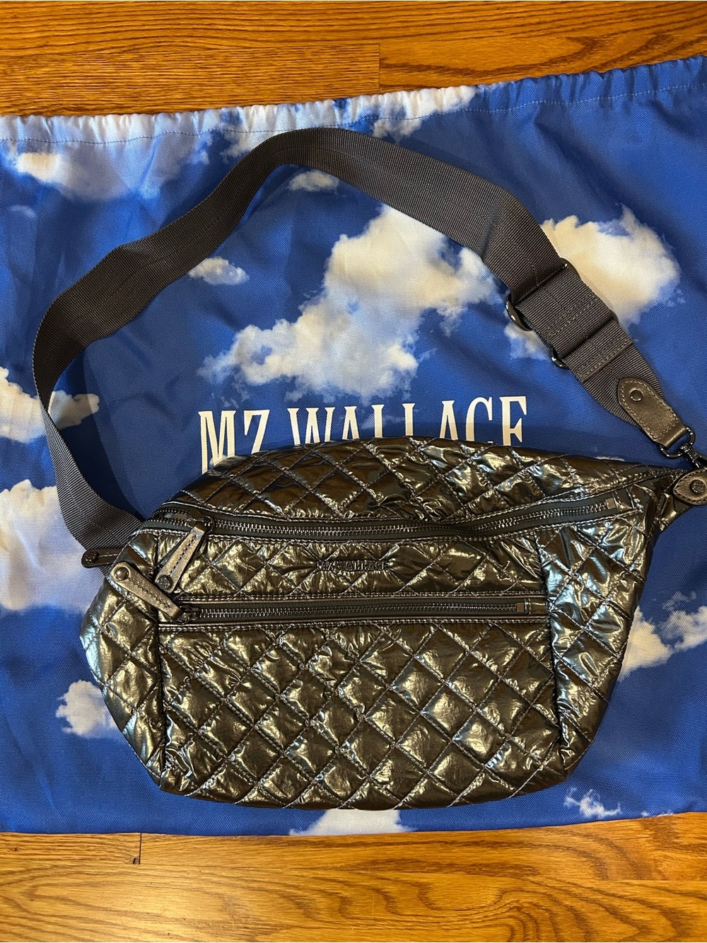 MZ Wallace Quilted Metallic Black Crossbody Belt Bag - Picture 2 of 6